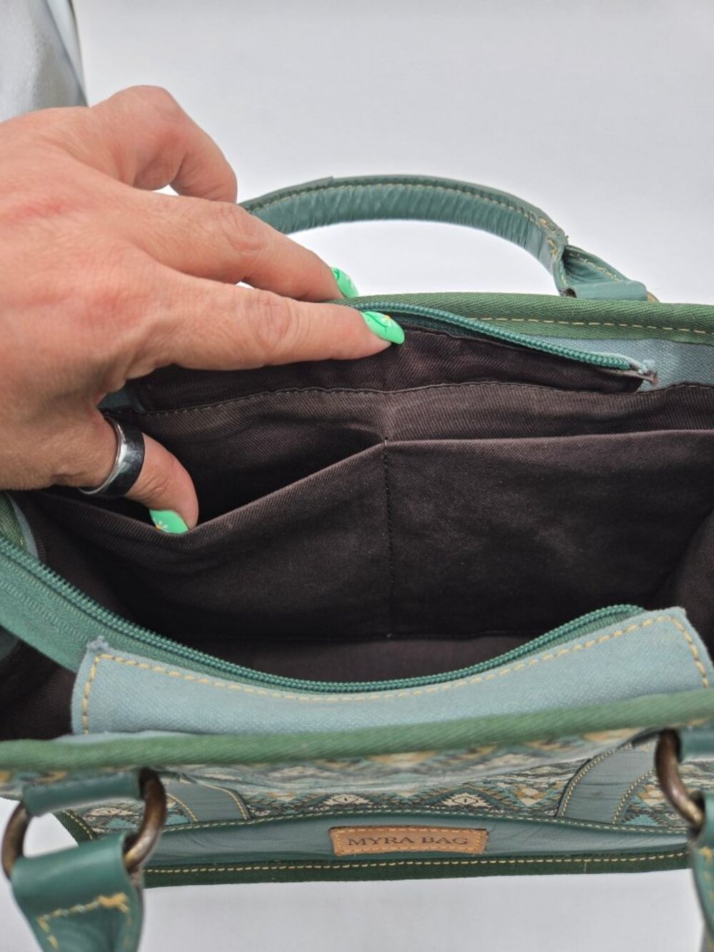 Myra Hunter Green Cream Double Handle Purse Bag *No Crossbody Strap - Picture 6 of 8